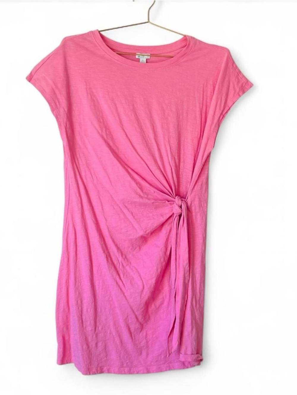Pink Twist Knot T-Shirt Dress – Organic Cotton Side Tie Mini (XL)